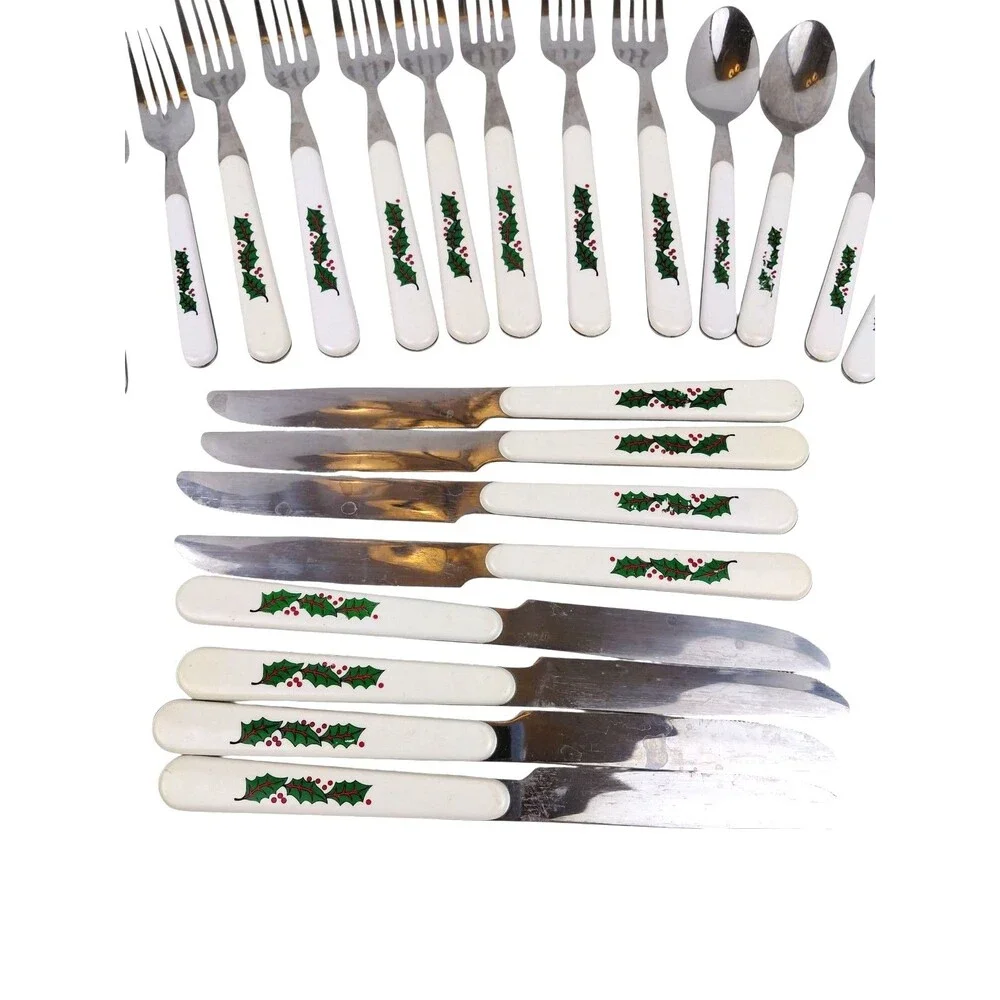Vtg Stainless Silverware Flatware Plastic Christmas Holly Leaves Berries  Pcs